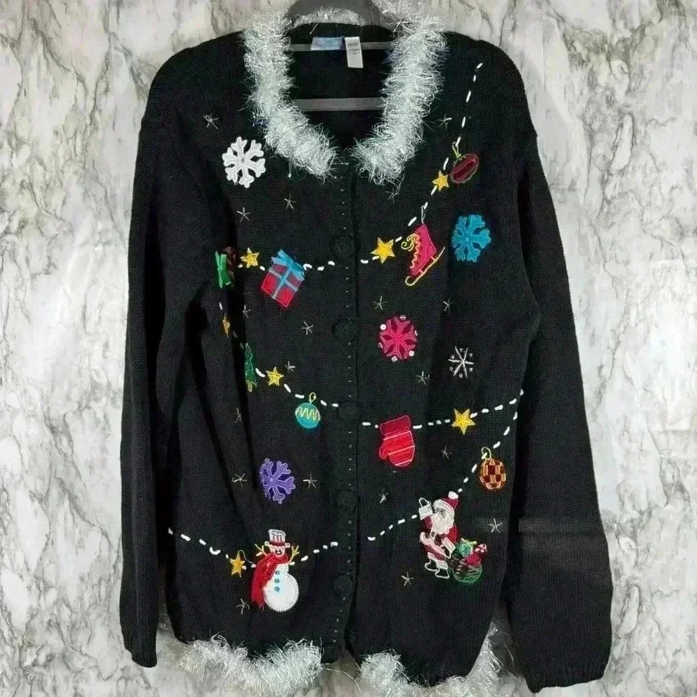 Holiday Editions Vtg Christmas Button Up Sweater Cardigan Womens Size L